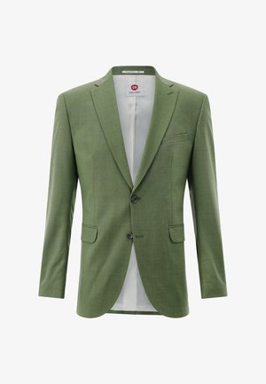 Green blazer with a textured finish, single-breasted design, two buttons, and two front pockets. Inner lining is light-colored.