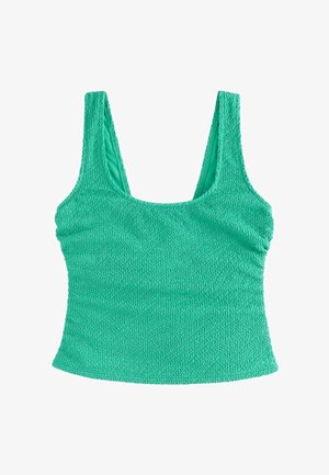 Zaļš teksturēts topiņš bez piedurknēm ar platām plecu lencēm un apaļu izgriezumu. Izgatavots no elastīga auduma, ar pieguļošu siluetu un gludu iekšpusi.