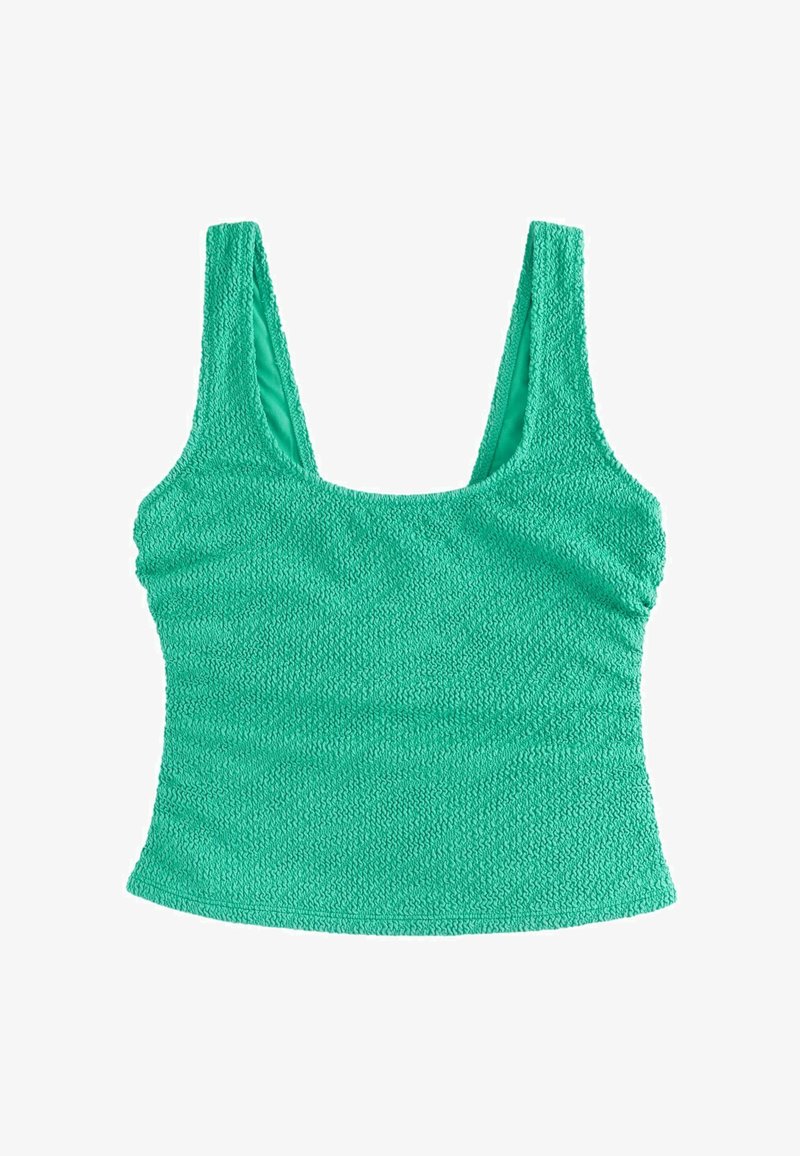 Grünes, strukturiertes Tanktop mit breiten Schulterträgern und einem U-Boot-Ausschnitt. Hergestellt aus dehnbarem Stoff, mit figurbetonter Silhouette und glattem Innenmaterial.