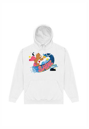 Biała bluza z kapturem z przednią kieszenią, z rysunkowym niedźwiedziem, kolorowymi gwiazdami oraz napisem "SHINE on" w wyrazistym kroju, z błyszczącym wzorem.