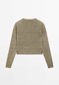 Pull court vert olive à manches longues, fabriqué en tissu tricoté texturé. Présente un col rond et un design simple sans embellissements.