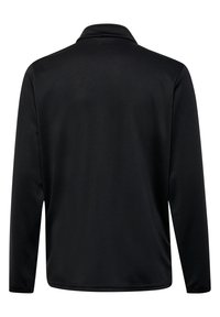 Svart långärmad topp med slät textur, utrustad med krage och rak fåll. Designad för en avslappnad passform, utan mönster eller detaljer.