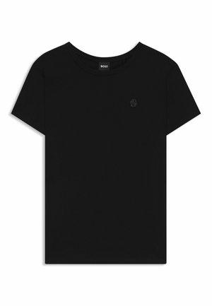 Black short-sleeve t-shirt made of soft cotton. Features a round neck and a small, tonal logo on the chest. Simple, plain design.
