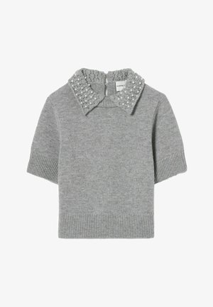 Maglione grigio a maniche corte con colletto, impreziosito da perle sul colletto, con orlo e polsini a coste.