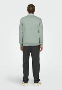 Light green sweatshirt with a ribbed collar, paired with dark gray pants. The fabric appears soft and textured, with a relaxed fit.