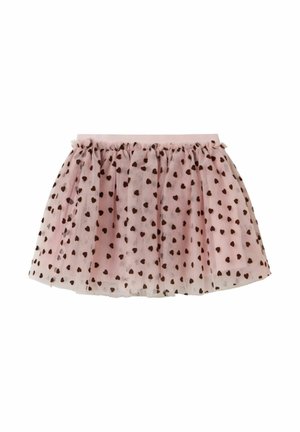 Jupe en tulle rose avec ceinture élastique, décorée de petits motifs en forme de cœur marron sur tout le tissu.