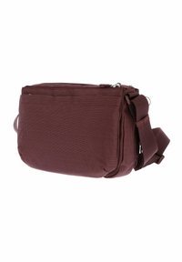 Borsa a tracolla compatta color mogano con cintura regolabile, scomparti con zip e superficie in tessuto texturizzato.