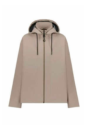 Veste beige à capuche avec fermeture éclair avant, capuche réglable par cordon de serrage et manches longues, présentée sur un fond blanc.