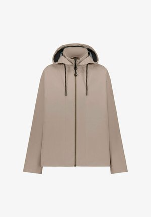 Veste beige à capuche avec fermeture éclair avant, capuche réglable par cordon de serrage et manches longues, présentée sur un fond blanc.