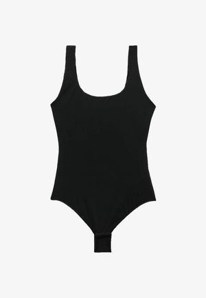 Maillot de bain une pièce noir avec décolleté en scoop, bretelles larges et cuisses hautes. Texture lisse avec un minimum de détails au dos.