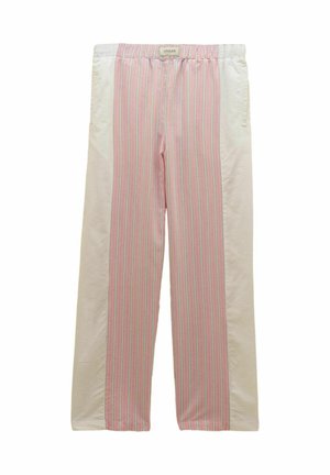 Pink and white pants with vertical stripes on the front panel and solid white side panels, featuring an elastic waistband and side pockets.