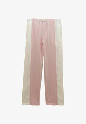 Rosa und weiße Hose mit vertikalen Streifen am Vorderteil und einfarbigen weißen Seitenpaneelen, mit elastischem Bund und seitlichen Taschen.