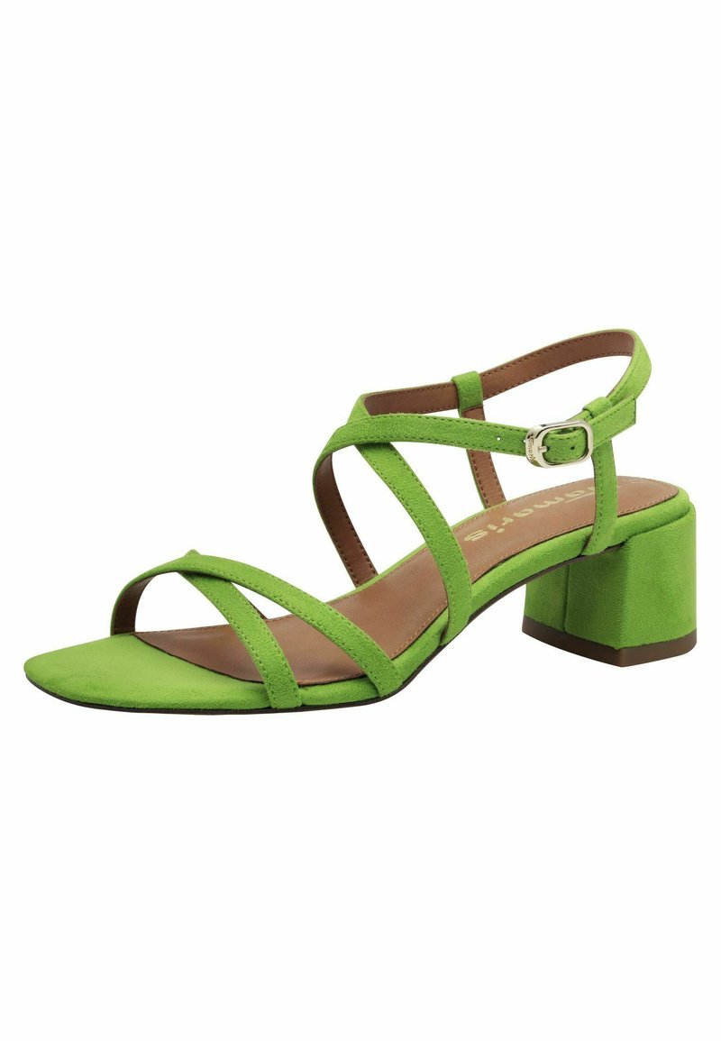 Grüne Wildleder-Sandale mit offener Zehe, überkreuzten Riemen, verstellbarem Knöchelriemen und Blockabsatz. Braune Innensohle und schwarze Außensohle.