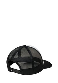 Schwarz-weiße Mesh-Cap mit gebogenem Schirm. Verfügt über eine verstellbare Snapback-Verschluss und strukturiertes Mesh für Atmungsaktivität.