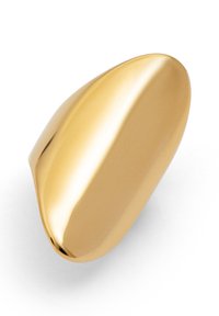 Oggetto decorativo color oro lucido con una forma liscia e arrotondata e una superficie riflettente; nessun motivo o dettaglio hardware visibile.