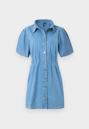 Denim shirt dress in light blue with short puff sleeves, button-front closure with gold-tone buttons, and fitted waist detailing.