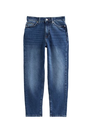 Jeans in denim blu con una vestibilità dritta, cinque tasche e una finitura chiara. Presentano una chiusura a bottone e passanti per cintura.