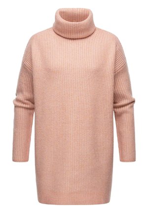 Oversized knitted sweater in light pink, featuring a high turtleneck, ribbed texture, and long sleeves with slight drop shoulders.