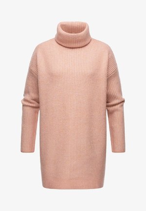 Übergroßer gestrickter Pullover in Hellrosa, mit einem hohen Rollkragen, gerippter Textur und langen Ärmeln mit leicht fallenden Schultern.