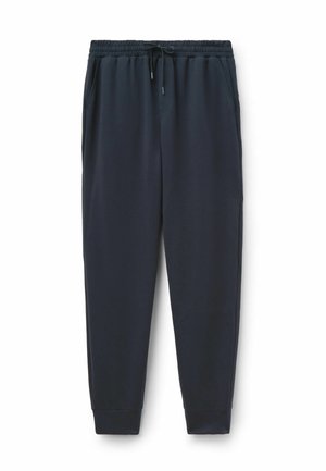 Pantalones sudadera de color azul marino oscuro con cintura elástica, ajuste de cordón, bolsillos laterales y puños ajustados en los tobillos. Textura de tela suave.