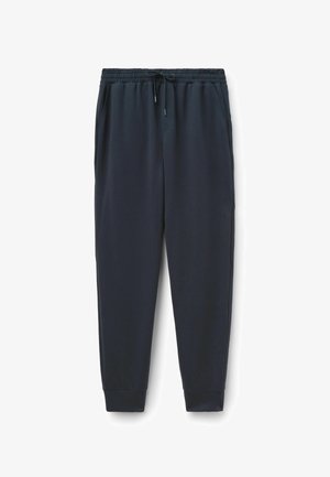 Dunkelmarineblaue Jogginghosen mit einem elastischen Bund, verstellbarem Kordelzug, seitlichen Taschen und schmalen Bündchen an den Knöcheln. Glatte Stoffoberfläche.