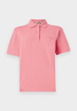 Pink cotton polo shirt featuring a classic collar, two-button placket, and subtle logo embroidery on the chest. Short sleeves, smooth texture.