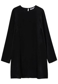 Schwarzes langärmliges Kleid aus glattem Stoff, mit rundem Ausschnitt und Schlüssellochausschnitt hinten. Einfaches, gerades Design.