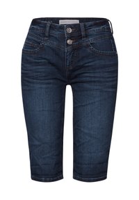 Pantalones capri de mezclilla azul oscuro con una textura ligeramente deslavada, que cuentan con dos bolsillos frontales y cierre de doble botón en la cintura.