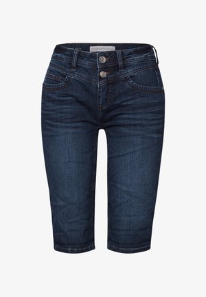 Pantalons capri en denim bleu foncé avec une texture légèrement délavée, comportant deux poches avant et une fermeture à double bouton à la taille.