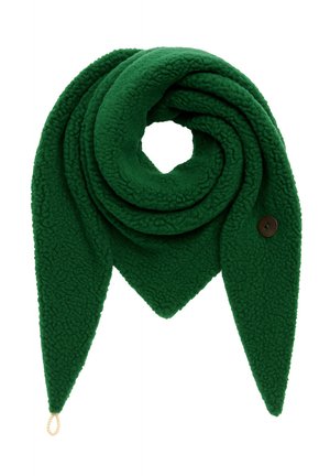 Green fleece scarf with a textured surface, triangular ends, and a button accent. Rolled design for versatile styling and warmth.