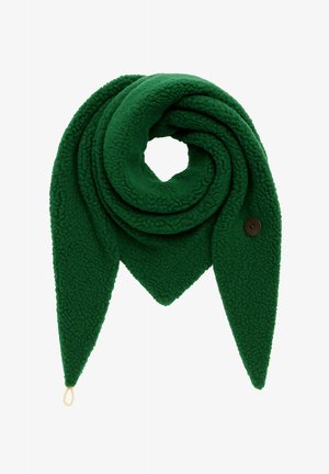 Grüner Fleecepullover mit strukturierter Oberfläche, dreieckigen Enden und einem Knopfakzent. Gerolltes Design für vielseitiges Styling und Wärme.