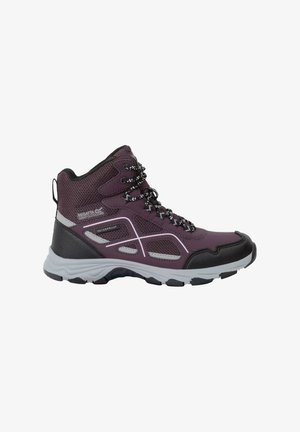 Purple and black waterproof hiking boot with padded ankle, patterned laces, and rugged sole for outdoor use, branded "Regatta Great Outdoors."
