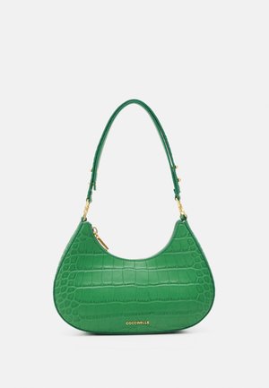 Zelená kabelka přes rameno z kůže s krokodýlí strukturou, se zlatým zipem a logem, s nastavitelným popruhem se zlatým kováním.