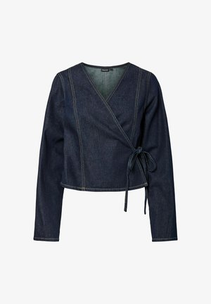 Tume denimpaineline kappa pikkade varrukatega, V-kaelusega ja külje sidumisega. Omab kontrastset kollast õmblust ja lühendatud disaini.