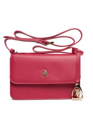 Borsa a tracolla in pelle rosa con tracolla regolabile, caratterizzata da logo dorato con cavaliere e ciondolo abbinato sulla patta anteriore.
