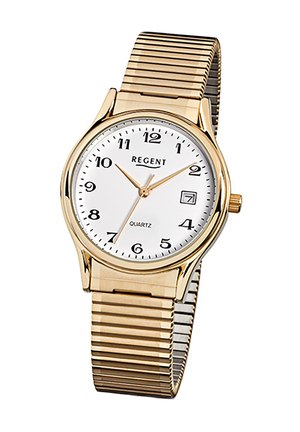 Montre en quartz ton sur ton doré avec un cadran blanc, des chiffres noirs et une fenêtre de date. Elle dispose d'un bracelet en métal à rainures et d'un boîtier rond simple.