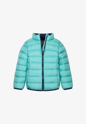 Lightweight puffer jacket in teal with a zip front, high collar, and navy accents. Features quilted sections for insulation and warmth.