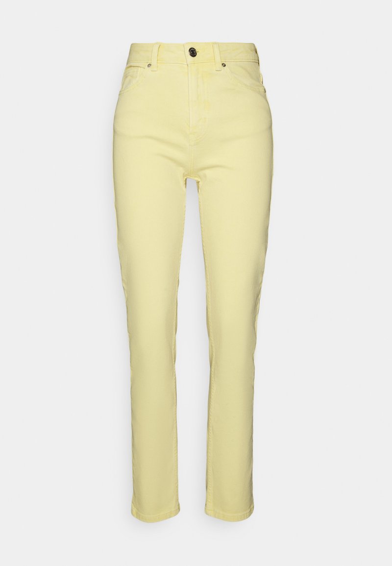 Calças de ganga amarelas com um design de perna reta, cintura alta, bolsos frontais e um fecho de botão único. O tecido apresenta uma ligeira textura.