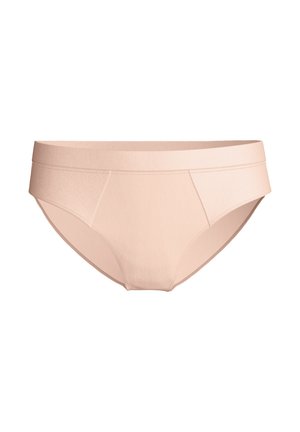 Beige slip in briefstijl gemaakt van gladde stof met een brede, zachte tailleband en minimale naden voor een naadloze uitstraling.