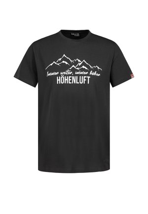 Schwarzes T-Shirt mit weißem Bergmotiv und dem Text "immer weiter, immer höher HÖHENLUFT" mittig auf der Vorderseite.