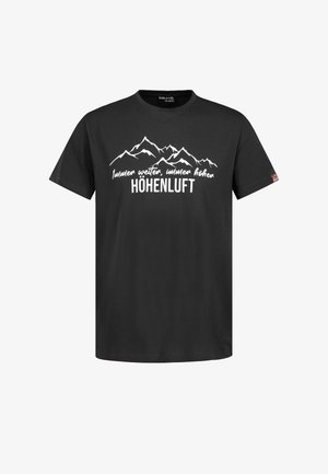Schwarzes T-Shirt mit weißem Bergmotiv und dem Text "immer weiter, immer höher HÖHENLUFT" mittig auf der Vorderseite.