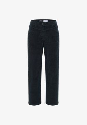 Tmavě zelené kordové kalhoty s rovnýcm střihem, s knoflíkovým zapínáním a kapsami, hladkou texturou a jemným proužkovým vzorem.