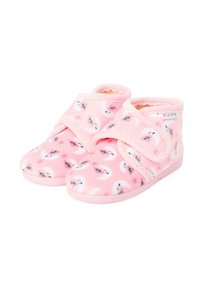 Roze fleece sloffen met een maan- en sterrenpatroon, verstelbare klittenbandsluiting, zachte voering en een platte rubberen zool.