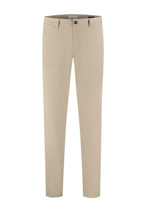 Bež muške hlače uskog kroja s petljama za remen, prednjim zatvaračem na dugme i zatvaračem na rajsferšlus, prikazane na bijeloj pozadini.