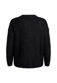 Black knit sweater featuring a ribbed texture with a relaxed fit and dropped shoulders. Back view shows wide sleeves and a rounded neckline.