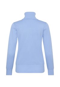 Világoskék garbó pulóver puha kötött anyagból. Hosszú ujjakkal és testhez simuló szabással rendelkezik, bordázott nyakkal és szegéllyel.