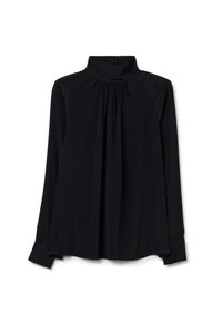 Black long-sleeve blouse with high collar, pleated front detail, smooth fabric, and buttoned cuff on sleeves. Regular fit and lightweight design.