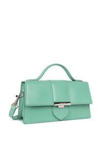 Mintgroene leren handtas met een gestructureerde vorm, voorflap en zilverkleurige hardware. Voorzien van een bovenhandvat en een afneembare schouderriem.