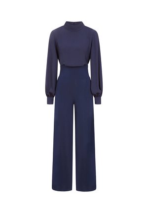 Marineblauer Jumpsuit mit hohem Kragen, langen Puffärmeln und weitem Bein. Hergestellt aus glattem Stoff mit nahtlosem Finish und Rückenzipper.