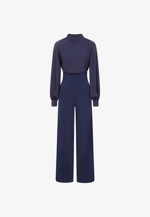 Navy jumpsuit featuring a high collar, long puff sleeves, and wide leg design. Made from smooth fabric with a seamless finish and back zipper.